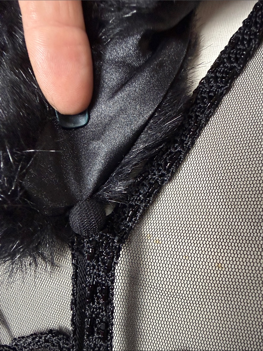 Vintage Sue Wong Black Embellished Crochet and Faux Fur Trim Long Sleeve Kimono - Picture 7 of 14